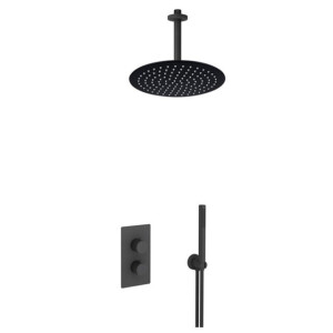 Fortifura Calvi Inbouw Regendoucheset - thermostatisch - plafondarm - 25cm hoofddouche - staaf handdouche - gladde doucheslang - mat zwart SW721167 SW377853 SW720553 SW542644 SW706210 SW496