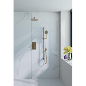 Fortifura Calvi Inbouw Regendoucheset - thermostatisch - wandarm - glijstang - 25cm hoofddouche - ronde handdouche - gladde doucheslang - geborsteld Messing PVD (Goud) SW728176/SW720555/SW720562/SW720569/SW1159494/SW76