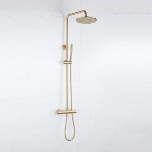 Fortifura Calvi Regendoucheset - thermostatisch - 25cm hoofddouche - staafhanddouche - Geborsteld Messing PVD (Goud) SW788000