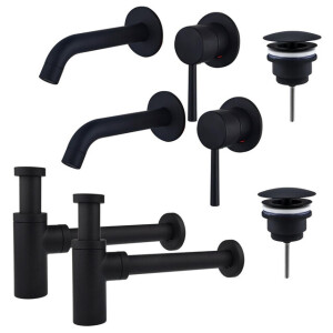 Fortifura Calvi Slim Wastafelkraanset - voor dubbele wastafel - inbouw wastafelkraan - always open plug - design sifon - Mat zwart 2x SW377837/2x SW696205/2x SW696210