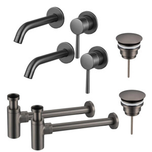 Fortifura Calvi Slim Wastafelkraanset - voor dubbele wastafel - inbouw wastafelkraan - always open plug - design sifon - Geborsteld Gunmetal PVD 2x SW766534/2x SW769487/2x SW767297