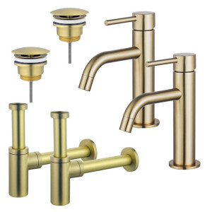 Fortifura Calvi Slim Wastafelkraanset - voor dubbele wastafel - lage wastafelkraan - always open plug - design sifon - Geborsteld Messing PVD (Goud) 2x SW720545/2x SW696208/2x SW696213