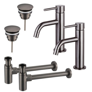 Fortifura Calvi Slim Wastafelkraanset - voor dubbele wastafel - lage wastafelkraan - always open plug - design sifon - Geborsteld Gunmetal PVD 2x SW766538/2x SW769487/2x SW767297