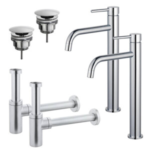 Fortifura Calvi Slim Wastafelkraanset - voor dubbele wastafel - verhoogde wastafelkraan - always open plug - design sifon - Chroom 2x SW377813/2x SW696209/2x SW696214