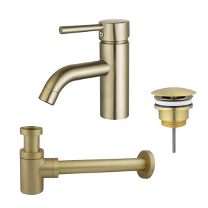 Fortifura Calvi Wastafelkraanset - lage wastafelkraan - always open plug - verlaagde design sifon - Geborsteld Messing PVD (Goud) SW720547/SW696208/SW696218