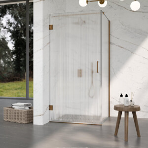 Fortifura Galeria Douchecabine - 100x100x200cm - scharnieren - deurgreep - stabilisatiestang - helder geribbeld - veiligheidsglas - Geborsteld koper PVD (Koper) SW1208822/SW1122565/SW876702/SW797955