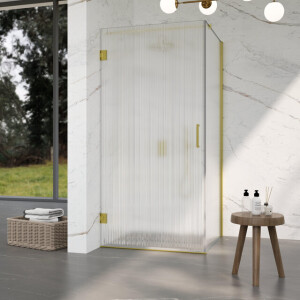 Fortifura Galeria Douchecabine - 90x100x200cm - scharnieren - deurgreep - stabilisatiestang - helder geribbeld - veiligheidsglas - Geborsteld messing PVD (Goud) SW1208821/SW1122564/SW797910/SW797955