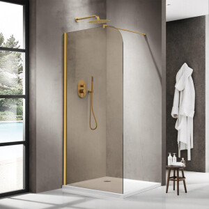 Fortifura Galeria Inloopdouche - 90x200cm - afgeronde glaswand - rook glas - wandarm - geborsteld messing PVD (Goud) SW1418364/SW797910