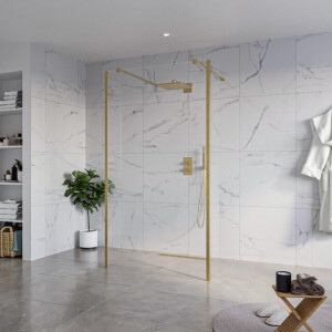 Fortifura Galeria Vrijstaande Inloopdouche - 110x200cm - Helder - antikalk - 8mm veiligheidsglas - 2 zijwanden 30cm - wandsteunen en hoekprofielen - Geborsteld Messing PVD (Goud) SW927770 2x/SW915250/SW797909 2x/SW798731 2x