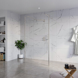 Fortifura Galeria Vrijstaande Inloopdouche - 110x200cm - Helder - antikalk - 8mm veiligheidsglas - 2 zijwanden 40cm - wandsteunen en hoekprofielen - Geborsteld RVS PVD (RVS) SW927769 2x/SW915250/SW797911 2x/SW798730 2x