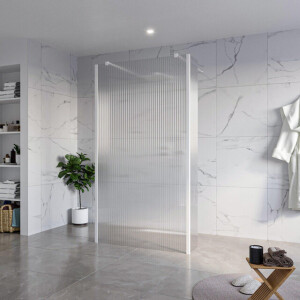 Fortifura Galeria Vrijstaande Inloopdouche - 110x200cm - Helder geribbeld - antikalk - 8mm veiligheidsglas - 2 zijwanden 30cm - wandsteunen en hoekprofielen - Wit mat SW927768 2x/SW915253/SW797945 2x/SW541264 2x