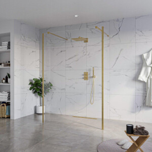 Fortifura Galeria Vrijstaande Inloopdouche - 140x200cm - Helder - antikalk - 8mm veiligheidsglas - 2 zijwanden 30cm - wandsteunen en hoekprofielen - Geborsteld Messing PVD (Goud) SW927770 2x/SW797916/SW797909 2x/SW798731 2x