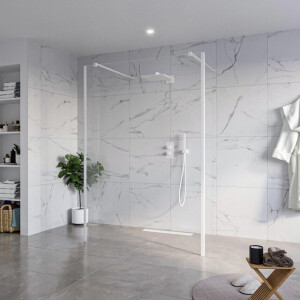 Fortifura Galeria Vrijstaande Inloopdouche - 140x200cm - Helder - antikalk - 8mm veiligheidsglas - 2 zijwanden 30cm - wandsteunen en hoekprofielen - Wit mat SW927768 2x/SW797916/SW797909 2x/SW541264 2x