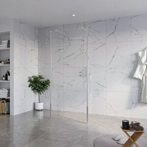 Fortifura Galeria Vrijstaande Inloopdouche - 90x200cm - Helder - antikalk - 8mm veiligheidsglas - 2 zijwanden 40cm - wandsteunen en hoekprofielen - Chroom SW927766 2x/SW797926/SW797911 2x/SW358024 2x