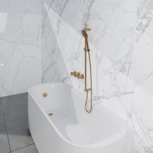 Fortifura Nebbio Badcombinatie-set - thermostaatkraan - inbouwdeel - glijstang - metalen doucheslang - ronde handdouche - badafvoer opbouw - geborsteld messing PVD (goud) SW1183067 SW1111531 SW706206 SW799449 SW1108811 SW