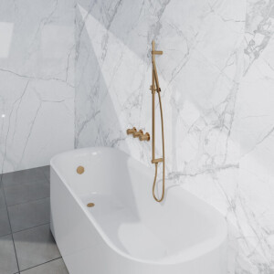 Fortifura Nebbio Badcombinatie-set - thermostaatkraan - inbouwdeel - glijstang - metalen doucheslang - staaf handdouche - badafvoer opbouw - geborsteld messing PVD (goud) SW1183067 SW1111531 SW706206 SW720570 SW1108811 SW