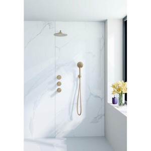 Fortifura Nebbio Regendoucheset - inbouwkraan - inbouwdeel - wandaansluitbocht - doucheslang metaal - ronde handdouche - 35cm wandarm - ronde hoofddouche - geborsteld messing PVD (goud) SW1183067 SW1183080 SW720569 SW706206 SW799449 SW7