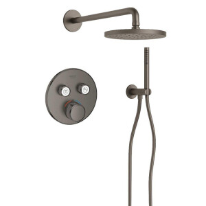 Grohe Adema Rise Regendoucheset - rond - wandaansluitbocht met handdouchehouder - gladde doucheslang - staafhanddouche - wandarm - 25cm hoofddouche - Grohe SmartControl inbouwthermostaat - brushed hard graphite SW225087/SW1244355/SW105953