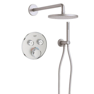 Grohe Adema Rise Regendoucheset - rond - wandaansluitbocht met handdouchehouder - gladde doucheslang - staafhanddouche - wandarm - 25cm hoofddouche - Grohe SmartControl inbouwthermostaat - chroom SW1244351/SW104917/SW105953