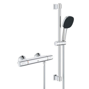 GROHE Precision Trend Doucheset - thermostatische douchekraan - met glijstangset - 60cm - vierkante handdouche - 1 straalsoort - gladde doucheslang - chroom 34237003