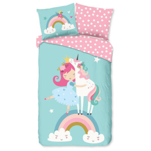 Kinderdekbedovertrek Katoen - 140x200 Cm Blauw & Meerkleurig & Roze - Stippen & Natuur - Good Morning - Dekbed-Discounter.nl