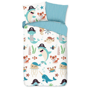 Kinderdekbedovertrek Katoen - 140x200 Cm Wit & Meerkleurig & Blauw - Natuur & Dieren - Good Morning - Dekbed-Discounter.nl