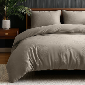 Dekbedovertrek 3D Embossed - Leaves - Taupe Grijs - Lits-Jumeaux (240x220 Cm) - Taupe & Grijs Microvezel - Natuur & Effen - Sleeptime Elegance - Dekbed-Discounter.nl