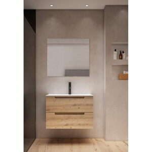 Saniclass Prime Balance Badkamermeubelset - 80x55x45cm - 1 rechthoekige keramische wasbak wit - 1 kraangat - 2 lades - rechthoekige spiegel - rustiek eiken SW724611/SW804531/SW1027167