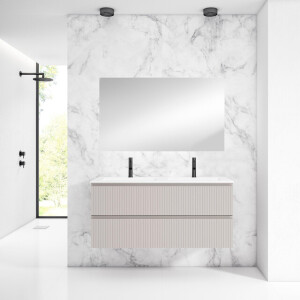 Saniclass Prime Blend Badkamermeubelset - 120x55x46cm - 2 rechthoekige keramische wasbakken wit - 2 kraangaten - 2 lades - rechthoekige spiegel - mat cotton (beige) SW928336/SW804533/SW724613