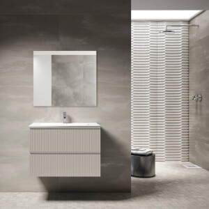 Saniclass Prime Blend Badkamermeubelset - 80x55x46cm - 1 ovale keramische wasbak wit - 1 kraangat - 2 lades - rechthoekige spiegel - mat cotton (beige) SW892643/SW718717/SW724611