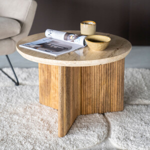 Eleonora Ronde Bijzettafel 'Sara' Mangohout en travertin, 60cm