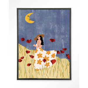 Urban Cotton Wandkleed 'Girl In A Poppyfield' 145 x 190cm in Floating Frame - black