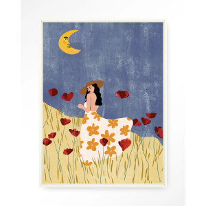 Urban Cotton Wandkleed 'Girl In A Poppyfield' 80 x 110cm in Floating Frame - off white