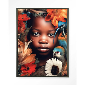 Urban Cotton Wandkleed 'Paradise Bird' 110 x 145cm in Floating Frame - black