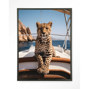 Urban Cotton Wandkleed 'Sailboat Cheetah' 80 x 110cm in Floating Frame - black