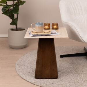 Livingfurn Bijzettafel 'Valentino' Mangohout en Travertin, 45 x 45cm