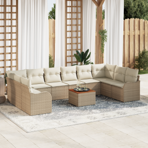 vidaXL 11-delige ligbedden set met kussens beige poly rattan acacia