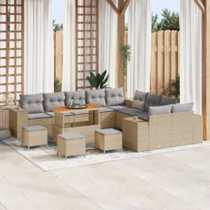 vidaXL 14-delige tuinset met kussens in beige poly rattan en acacia