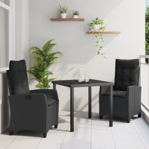 vidaXL 3-delige Tuin Eettafelset met Kussens Zwart Poly Rattan
