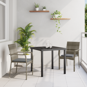 vidaXL 3-delige tuintafel met kussens Grijs Poly Rattan