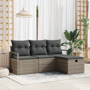 vidaXL 4-delige tuinbankset met grijze kussens van poly rattan