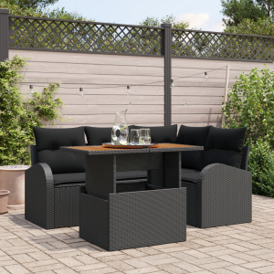 vidaXL 5-delige tuintafelset met kussens zwart poly rattan acacia