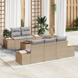 vidaXL 6-delige ligbedset met kussens in beige poly rattan en acacia