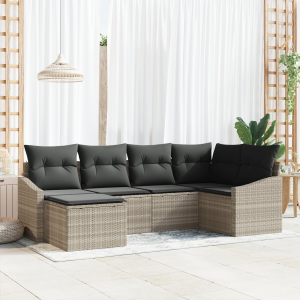 vidaXL 6-delige tuinset met tafel en stoelen inclusief kussens in lichtgrijs poly rattan