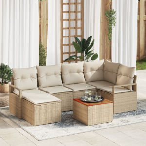 vidaXL 7-delige ligbed set met kussens Beige Poly Rattan Acacia