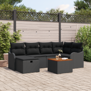 vidaXL 7-delige ligbed set met kussens Zwart Poly Rattan