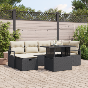 vidaXL 7-delige ligbed set met kussens zwart poly rattan