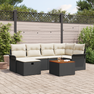 vidaXL 7-delige ligbed set met kussens zwart poly rattan