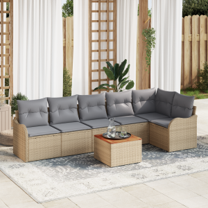 vidaXL 7-delige Ligbedset met Kussens Beige Poly Rattan Acacia