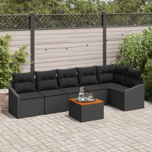 vidaXL 7-delige tuinset met zwarte kussens van poly rattan en acaciahout
